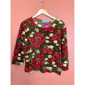 Y2K/90s Vintage Floral/Cheetah Beaded 3/4 Sleeve Top by Jane Ashley -Size Medium